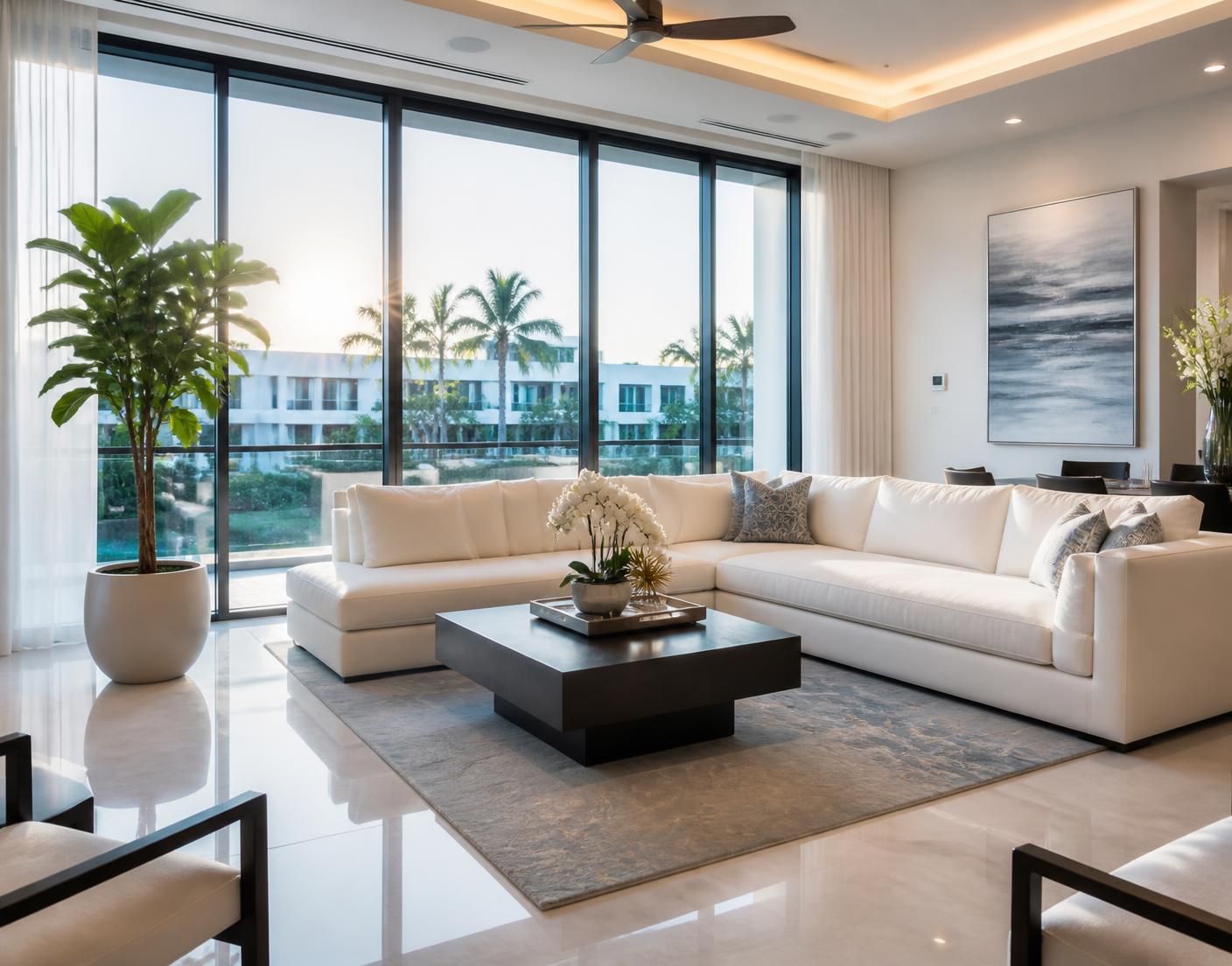 Bright, immaculately clean living room with polished floors